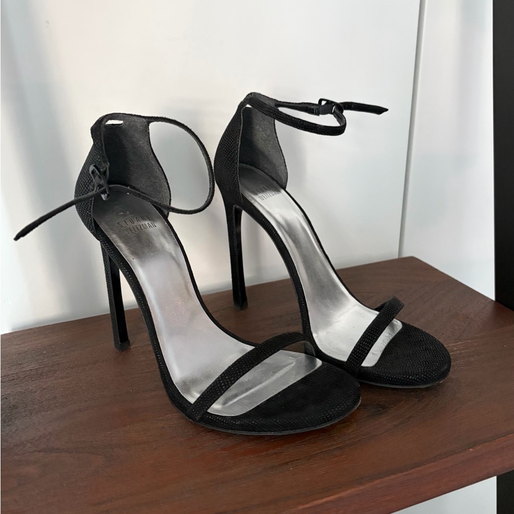 Stuart Weitzman Nudist Ankle Strap Sandals Black Goosebump